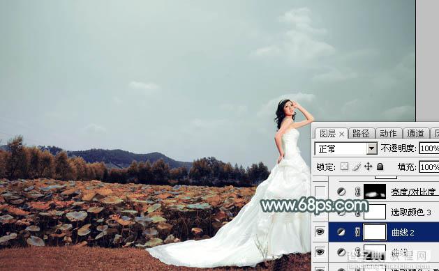 Photoshop为荷塘边的美女加上古典青色调15