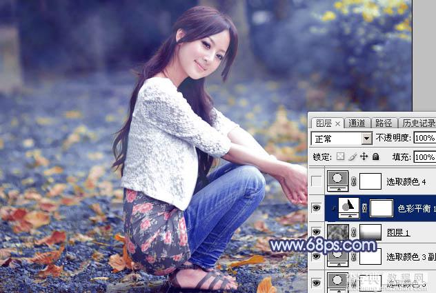 Photoshop将外景美女图片打造出甜美的深秋暗蓝色效果31