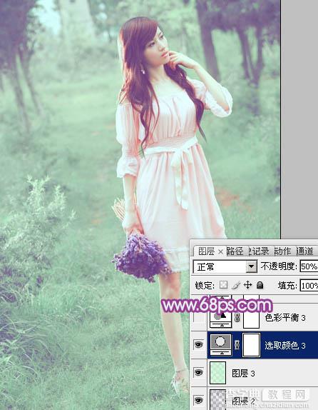 Photoshop将树林美女图片调制出柔美的淡调青绿色27