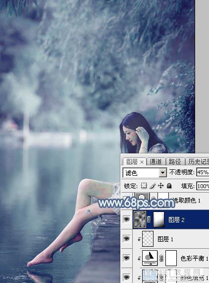 Photoshop打造出唯美的秋季青蓝色塘边的美女图片15