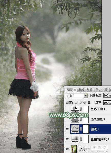 Photoshop为林间路上的美女添加梦幻的冷色绿色调10