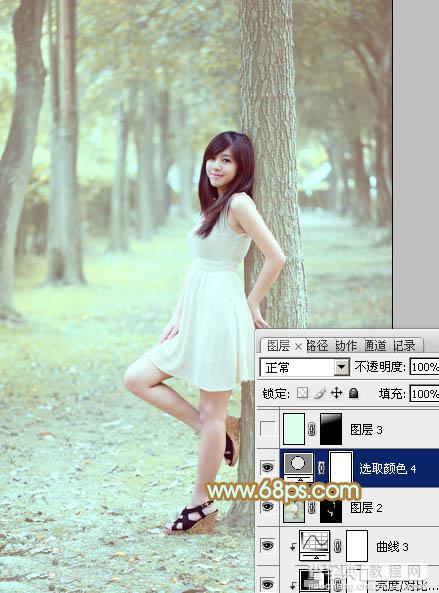 Photoshop将树林美女图片调制出柔和淡雅的黄绿色35