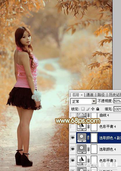 Photoshop将树景人物图片打造唯美的橙色效果37