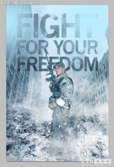 Photoshop合成士兵站在战争蹂躏的上的冷色调海报20