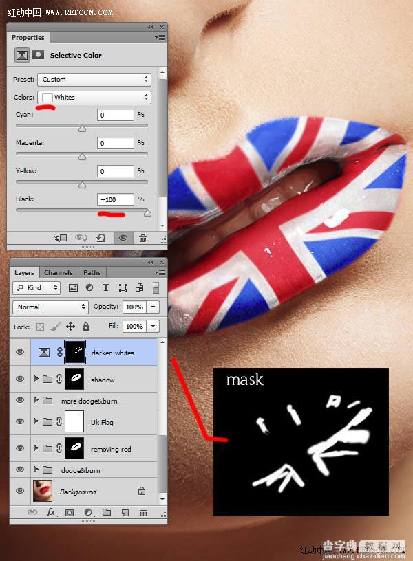 Photoshop为红色嘴唇增加个性米字国旗彩绘16