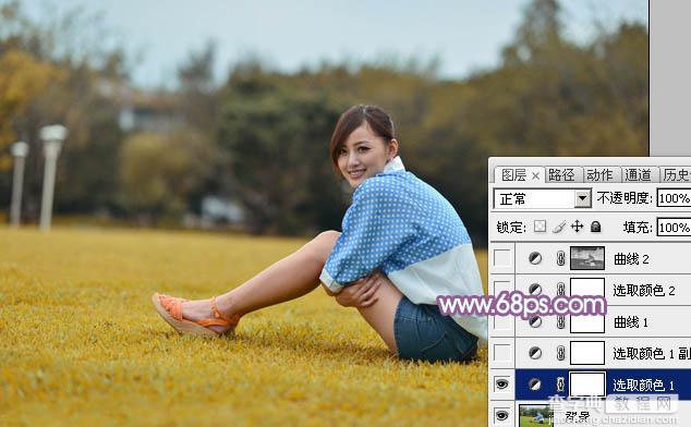 Photoshop将草地上的美女打造甜美的淡调蓝黄色7