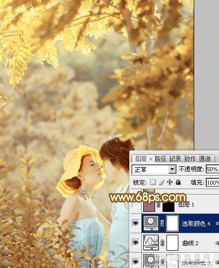 Photoshop将树林情侣图片增加上柔和秋季粉黄色33