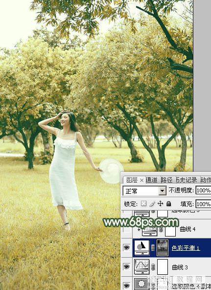 Photoshop将树景人物图片打造灿烂的黄绿色25