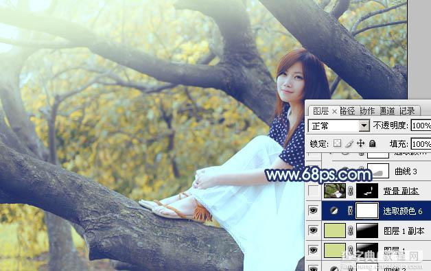 Photoshop为坐树枝上的美女调制出小清新的蓝黄色39