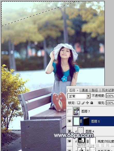 Photoshop给公园长凳上的美女调制出秋季蓝黄色37
