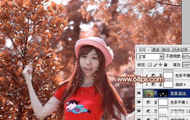 Photoshop打造唯美的橙红色树林人物图片36