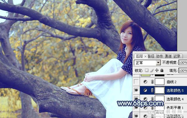 Photoshop为坐树枝上的美女调制出小清新的蓝黄色29