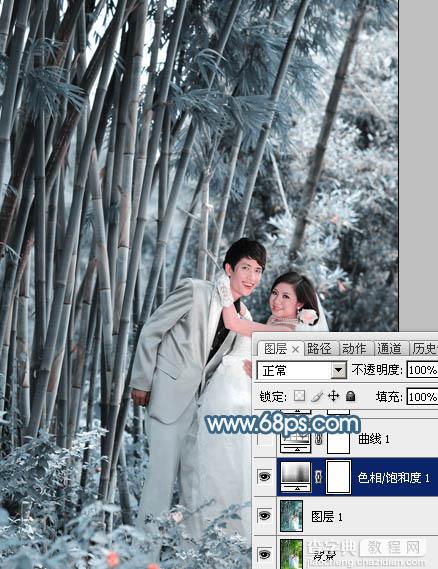 Photoshop为竹林婚片调制出梦幻复古的淡调青蓝色5