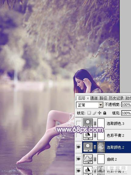 Photoshop将水塘边的美女加上漂亮的淡调黄紫色19