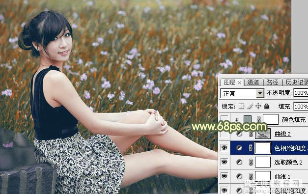 Photoshop为草地上的美女加上古典暗调青黄色31