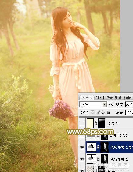 Photoshop将树林人物图片调制出朦胧的淡黄色效果25