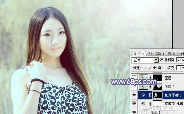 Photoshop将绿树边的美女调制出淡美的蓝黄色33