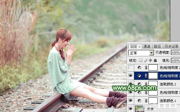 Photoshop为坐在铁轨的美女加上甜美的淡调粉绿色20