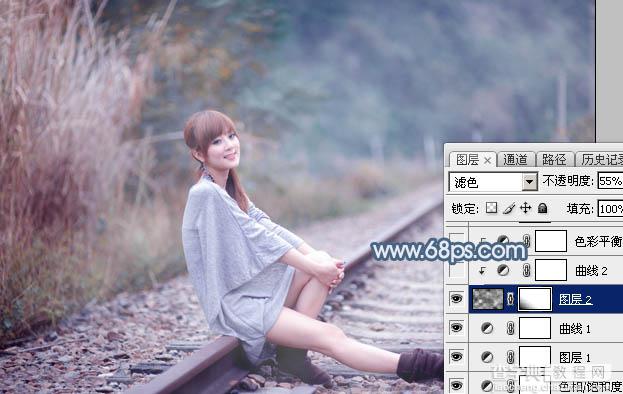 Photoshop为铁轨上的美女调制出梦幻的淡蓝色14