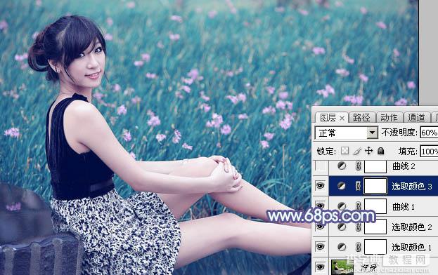 Photoshop将花草中的美女加上唯美梦幻的青蓝色15
