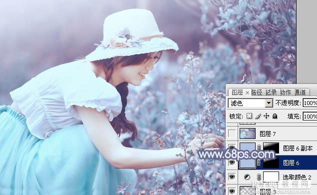 Photoshop将花草中的美女增加上冷艳的淡调青蓝色29