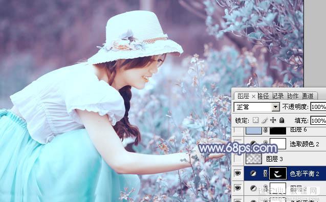 Photoshop将花草中的美女增加上冷艳的淡调青蓝色24