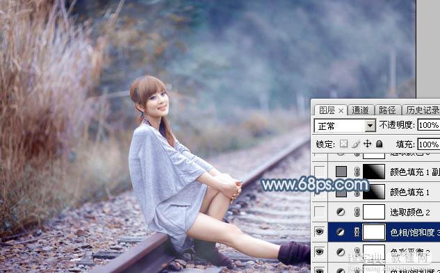 Photoshop为铁轨上的美女调制出梦幻的淡蓝色27