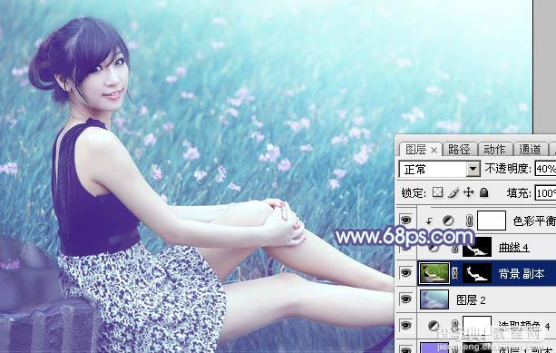 Photoshop将花草中的美女加上唯美梦幻的青蓝色36