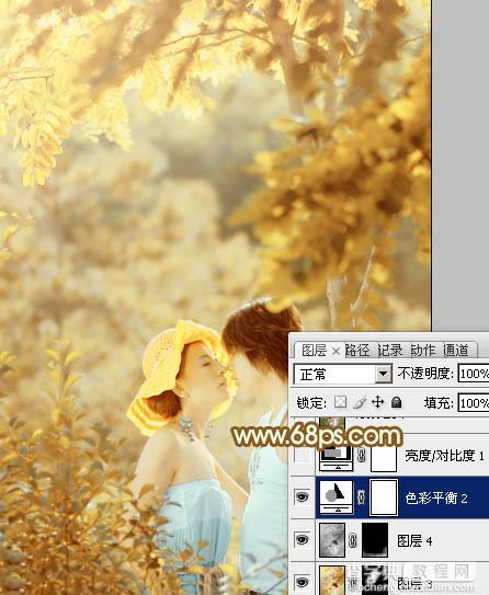 Photoshop将树林情侣图片增加上柔和秋季粉黄色37