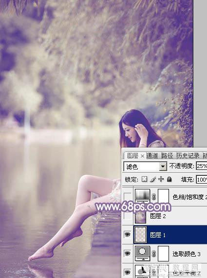 Photoshop将水塘边的美女加上漂亮的淡调黄紫色27