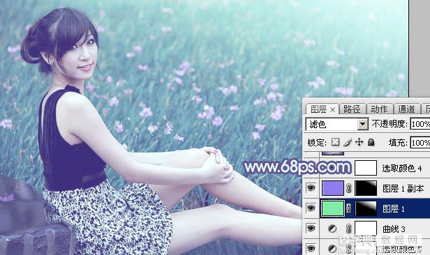 Photoshop将花草中的美女加上唯美梦幻的青蓝色35