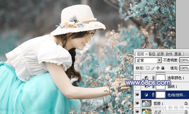 Photoshop将花草中的美女增加上冷艳的淡调青蓝色5