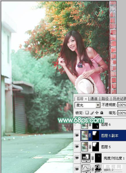 Photoshop为小路边的美女调制出甜美清爽的青红色39