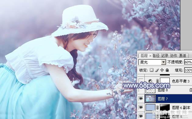 Photoshop将花草中的美女增加上冷艳的淡调青蓝色30