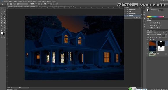 Photoshop把白天的别墅照片调成逼真的夜景效果12