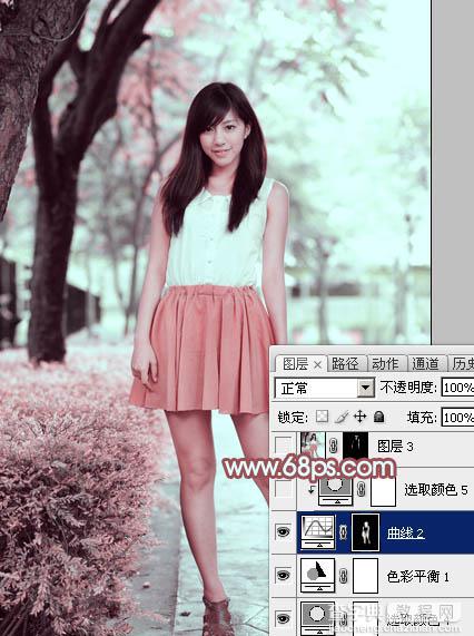 Photoshop为树下的美女图片调制出甜美的粉调青红色29
