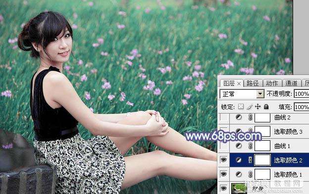 Photoshop将花草中的美女加上唯美梦幻的青蓝色9