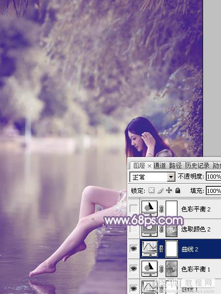 Photoshop将水塘边的美女加上漂亮的淡调黄紫色16