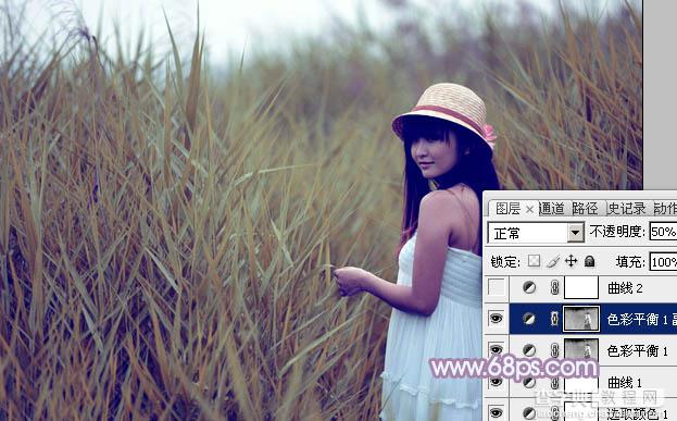 Photoshop将芦苇美女图片打造唯美的秋季冷色蓝紫色12