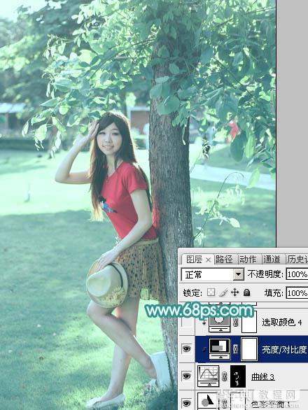 Photoshop为树荫下的美女图片加上清爽的青绿色30