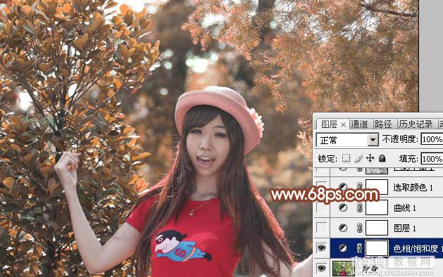 Photoshop打造唯美的橙红色树林人物图片6