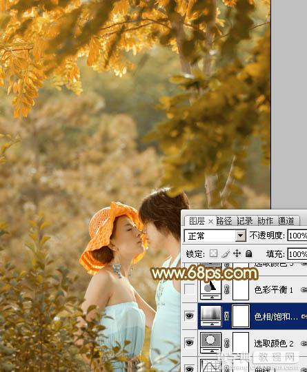Photoshop将树林情侣图片增加上柔和秋季粉黄色16