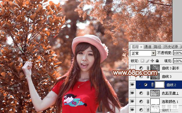 Photoshop打造唯美的橙红色树林人物图片22