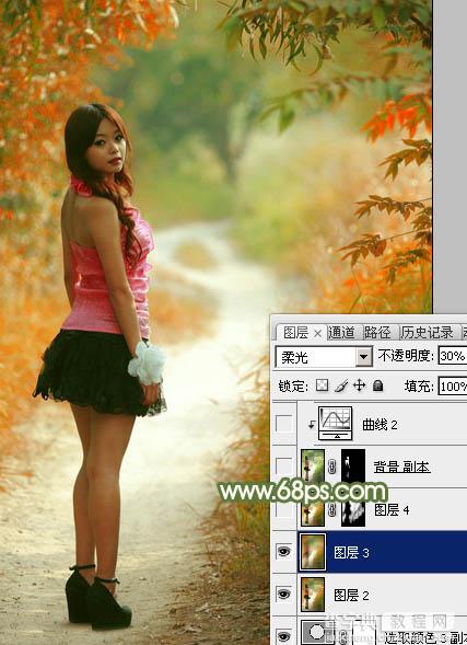 Photoshop将小树林中的美女调制出浓厚的橙绿色27