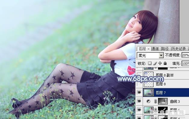 Photoshop为草地美女图片打造唯美的韩系青蓝色27