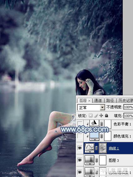 Photoshop打造出唯美的秋季青蓝色塘边的美女图片10