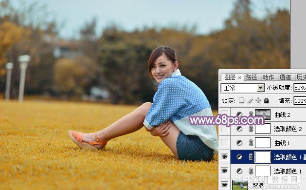 Photoshop将草地上的美女打造甜美的淡调蓝黄色8