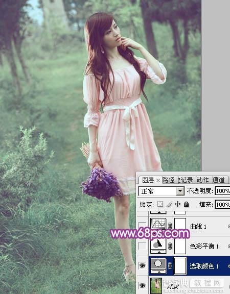 Photoshop将树林美女图片调制出柔美的淡调青绿色7