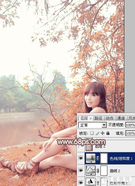 Photoshop为河边的美女加上漂亮的秋季粉红色34