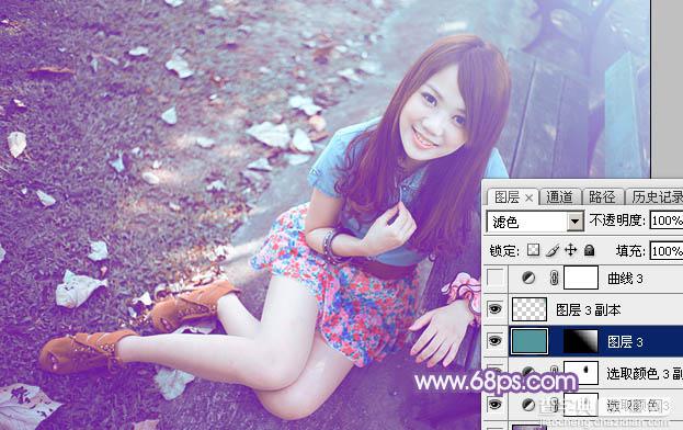 Photoshop为公园路边的美女调制出甜美的蓝紫色36